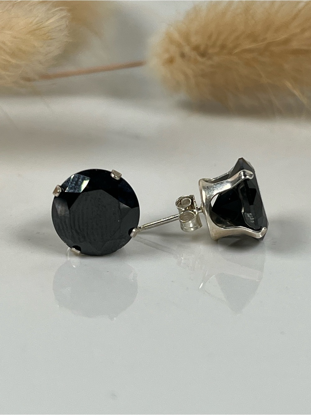 Solid Sterling Silver Black Tourmaline Gemstone Stud Earrings Push Back - Picture 4 of 5